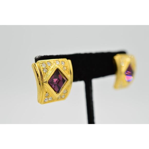 Vintage Crystal Earrings Sparkling Rhinestone Gold Purple NOS 1980s 9G - Picture 2 of 8